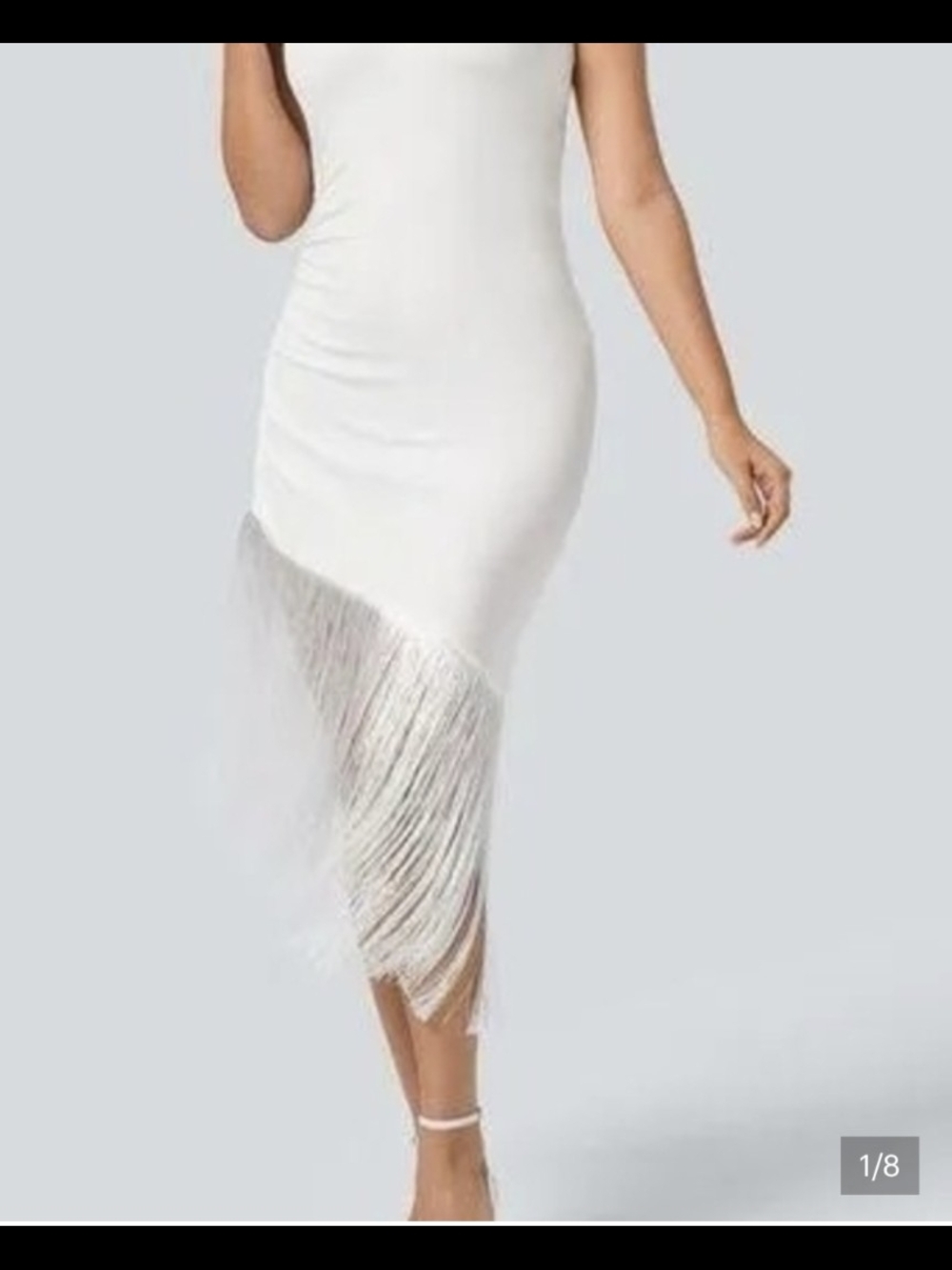 Sleek White Fringe Midi Dress - Elegant Evening Wear
